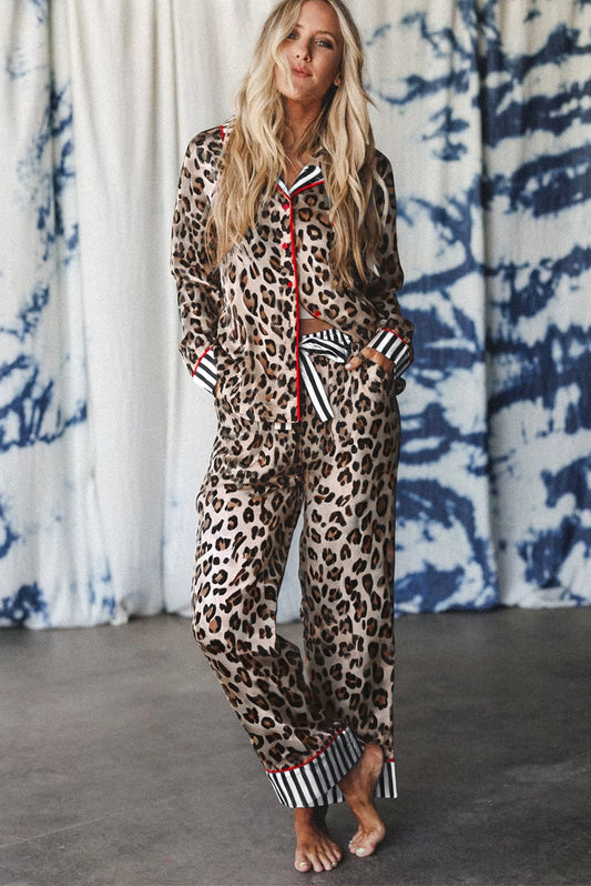 Khaki Leopard Print Colorblock Striped Edge Shirt and Pants Pajama Set