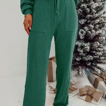 Christmas Jolly Ribbed Knit Loungewear Set with Long Sleeve Top