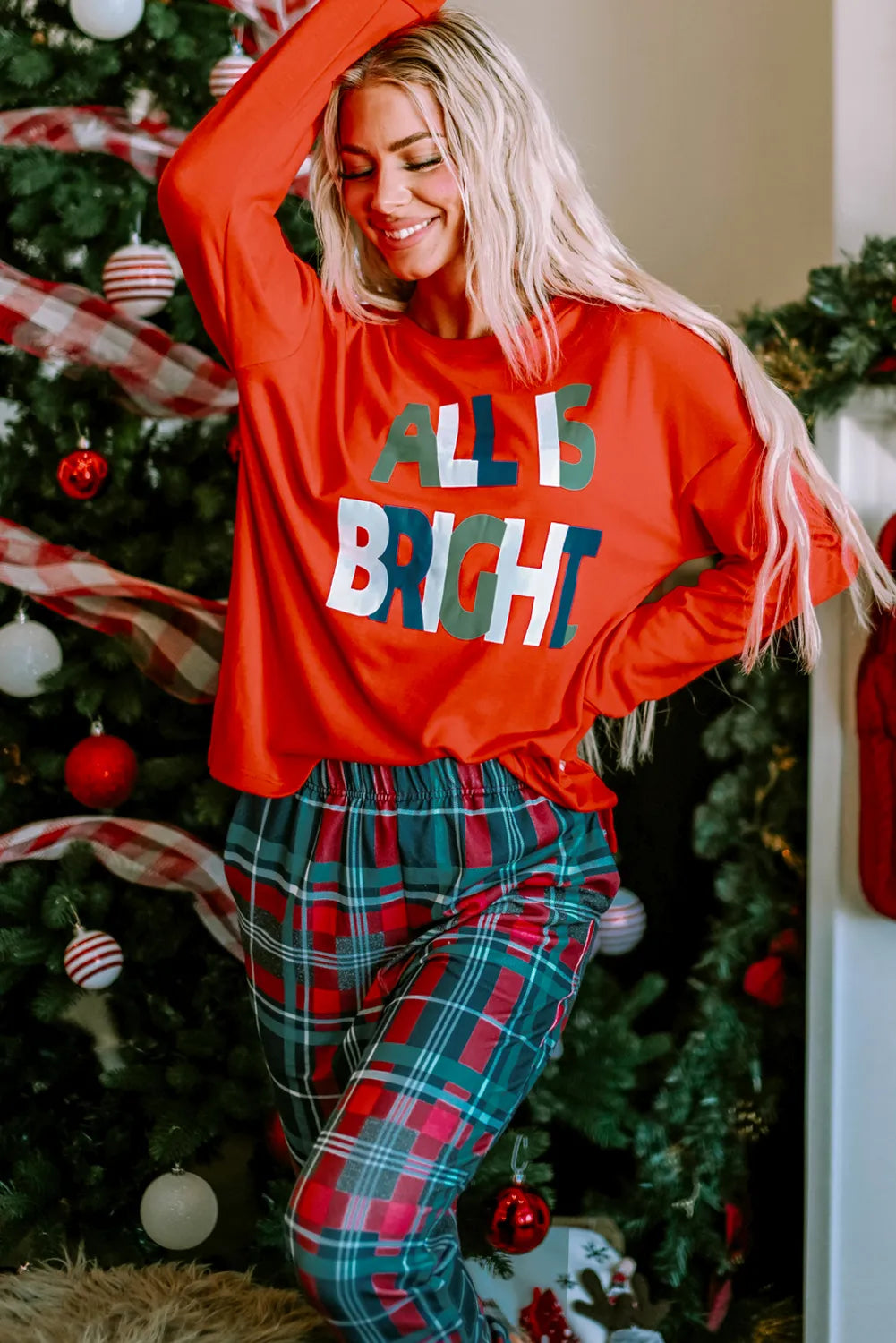 Christmas Pjs all is bright graphic Christmas plaid pajamas set