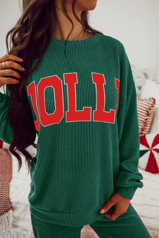 Christmas Jolly Ribbed Knit Loungewear Set with Long Sleeve Top