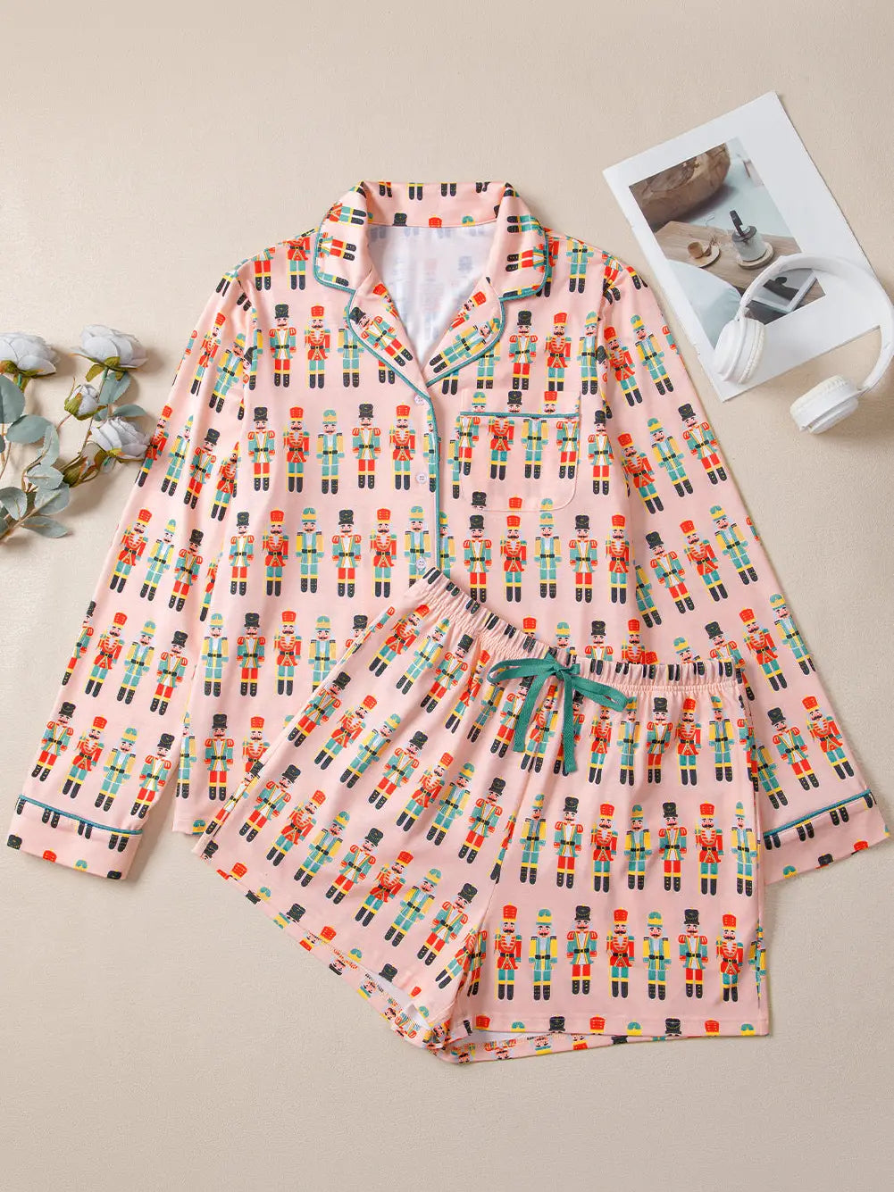 Christmas Pink Nutcracker March Long Sleeve Button Up 2pcs Pajama Short Set