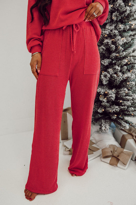 Christmas Jolly Ribbed Knit Loungewear Set with Long Sleeve Top