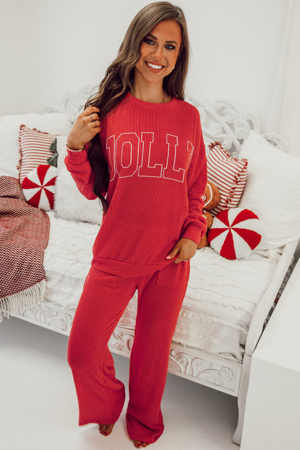 Christmas Jolly Ribbed Knit Loungewear Set with Long Sleeve Top