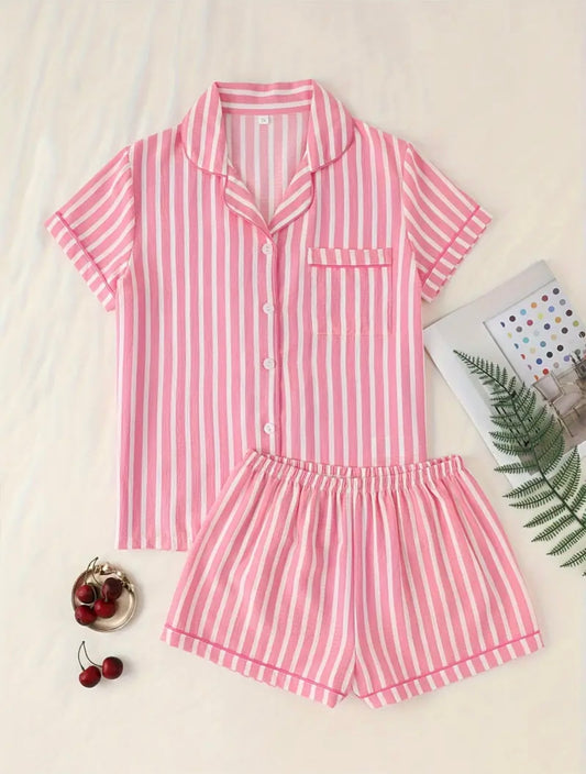 💕 Pretty in Pink PJ Set with Small Stripes