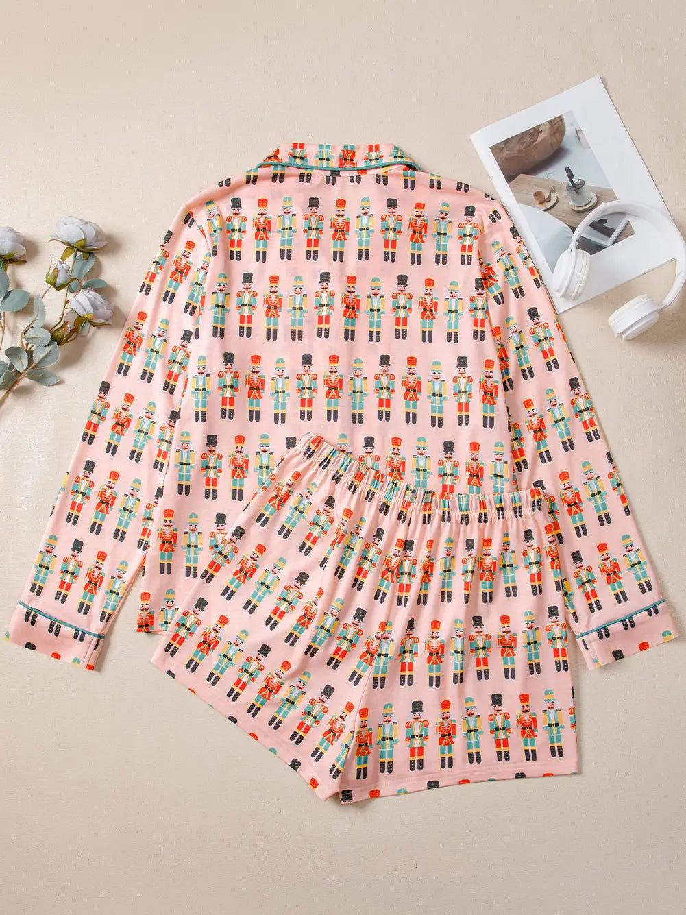 Christmas Pink Nutcracker March Long Sleeve Button Up 2pcs Pajama Short Set