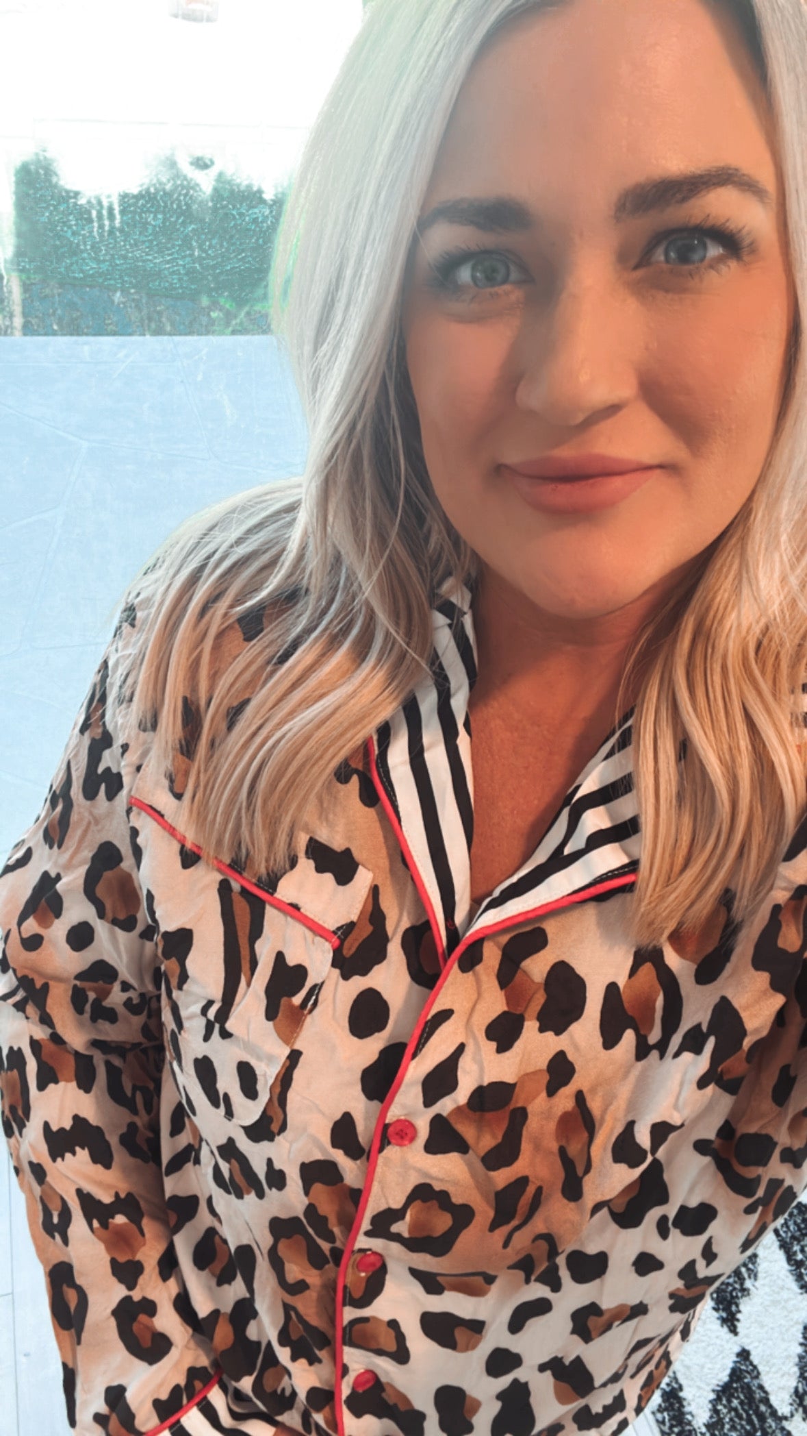 Leopard Print Colorblock Striped Edge Shirt and Pants Pajama Set