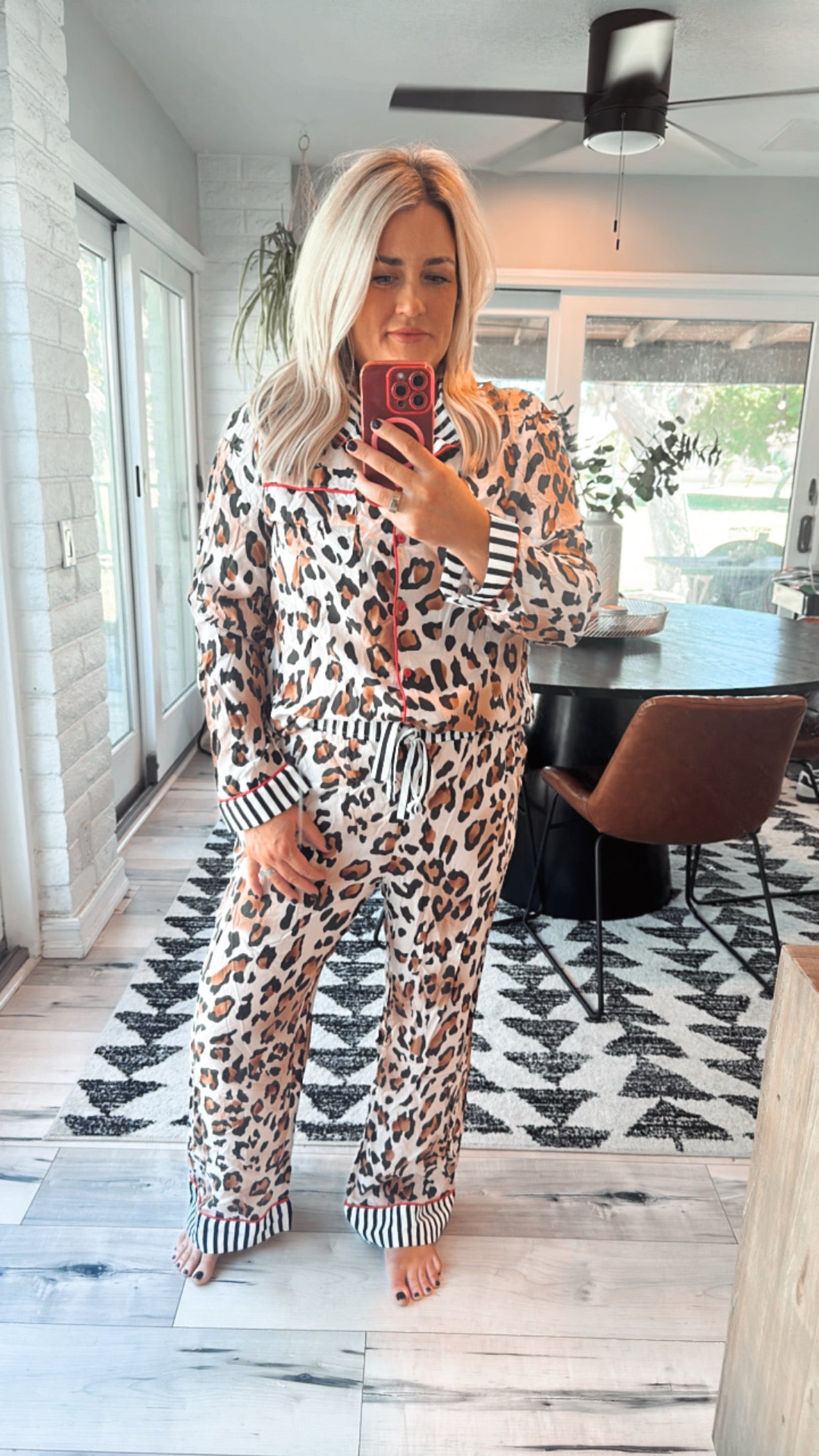 Leopard Print Colorblock Striped Edge Shirt and Pants Pajama Set