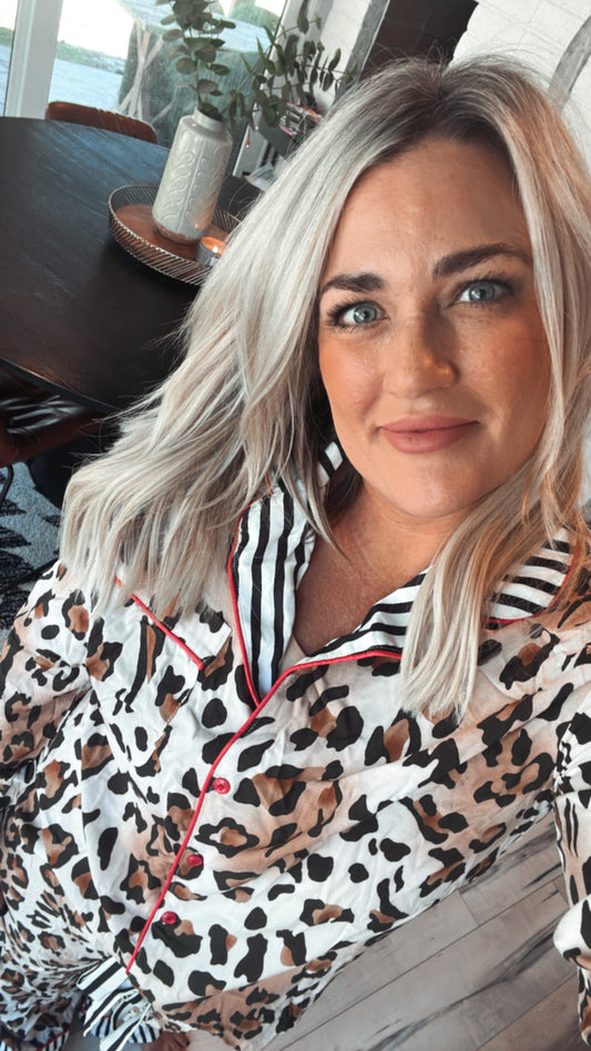 Khaki Leopard Print Colorblock Striped Edge Shirt and Pants Pajama Set