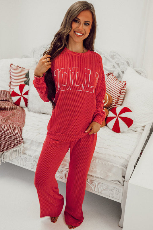 Christmas Jolly Ribbed Knit Loungewear Set with Long Sleeve Top