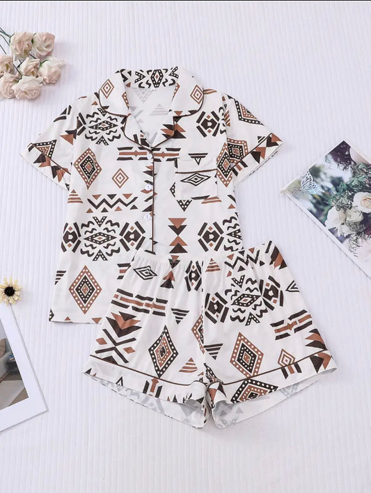 Indian-Style Print Women's Pajama Set - Short Sleeve Shirt + Shorts