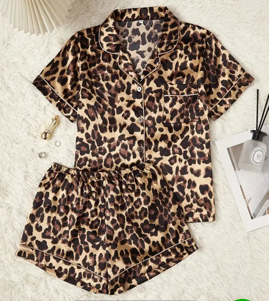 Leopard Print Satin Pajama Set