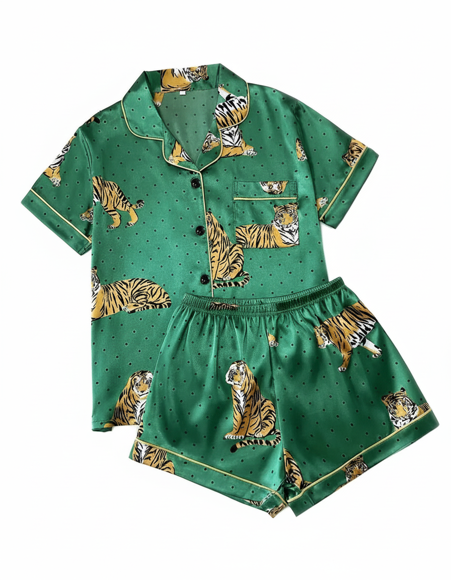 Emerald Tiger Satin 2 piece Short PJ Set