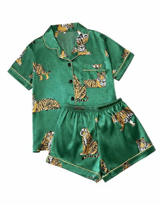 Emerald Tiger Satin 2 piece Short PJ Set