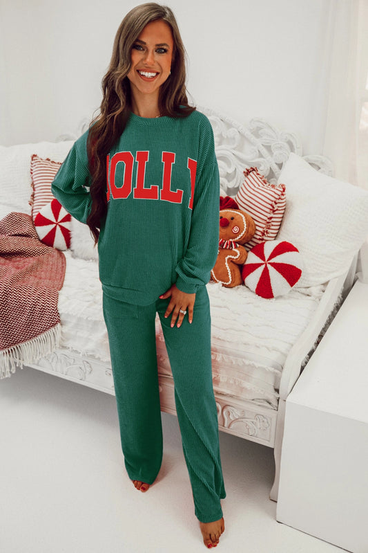 Christmas Jolly Ribbed Knit Loungewear Set with Long Sleeve Top