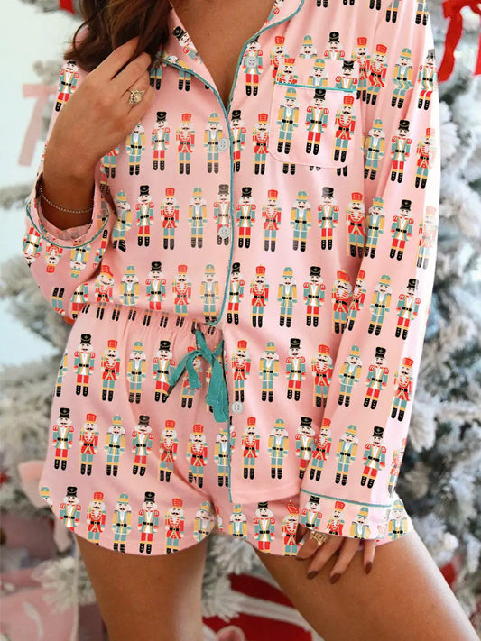 Christmas Pink Nutcracker March Long Sleeve Button Up 2pcs Pajama Short Set