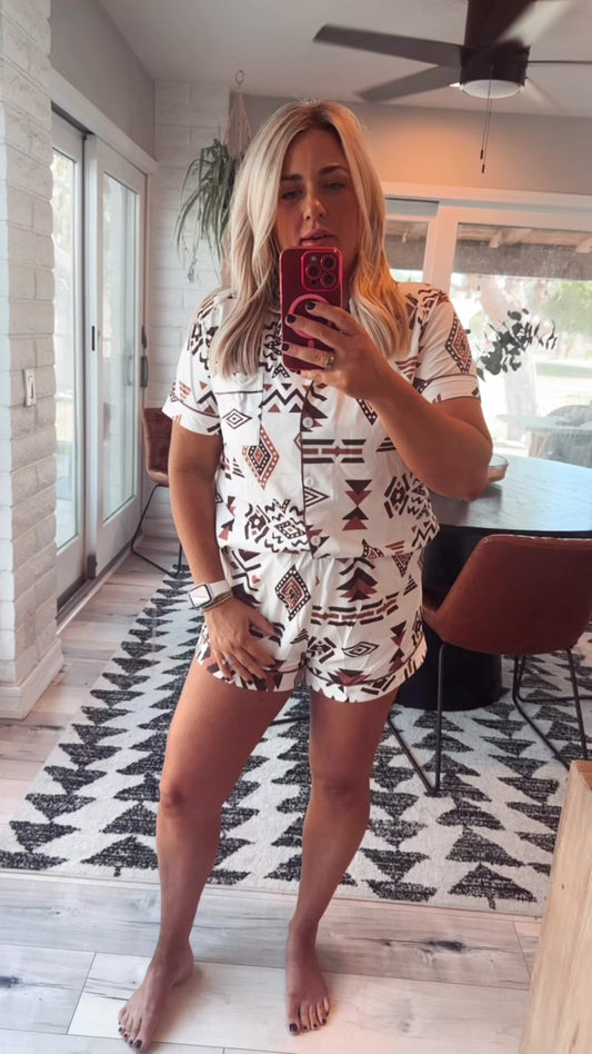 Tribal-Style Print Women's Pajama Set - Short Sleeve Shirt + Shorts